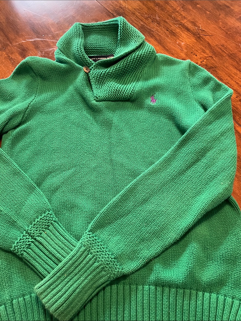 Ralph Lauren Green Shawl Collar Knit Pullover with Logo